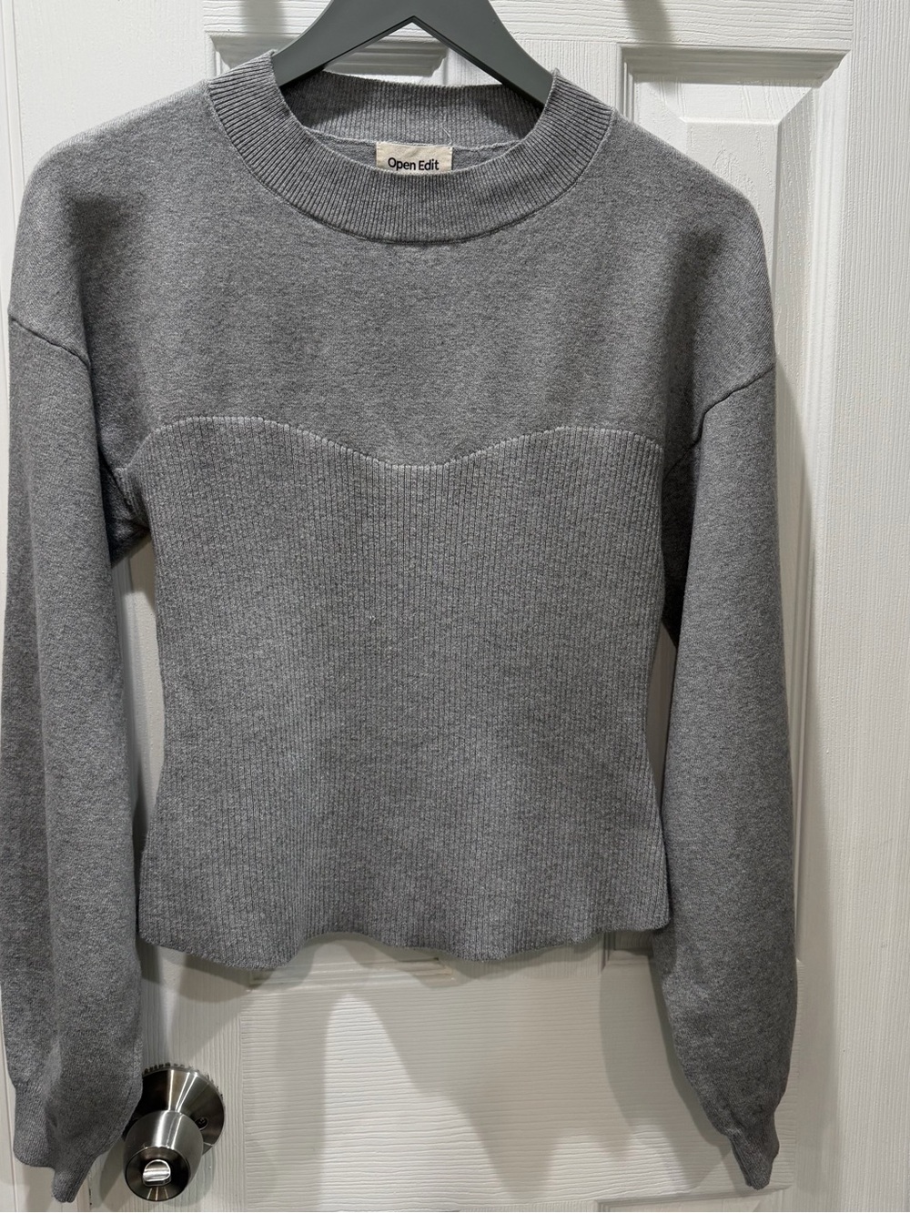 Open Edit Gray Corset Waist Ribbed Fitted Long Sleeve Sweater